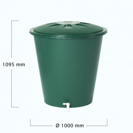 Depósito verde y redondo con tapa, grifo y capacidad para 500 litros
